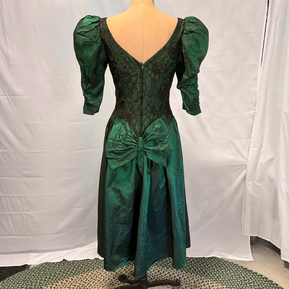 VINTAGE 80s holographic prom gown formal dress dark moody emerald forest lace - Picture 6 of 17